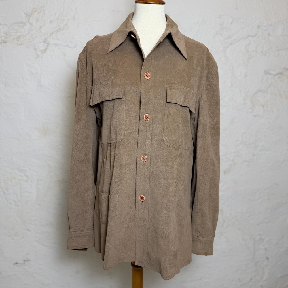 Vtg 70s Halston Ultrasuede Safari Shirt Jacket Men 40 Tan 3 Pocket Shacket Cargo